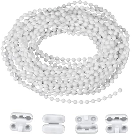 Roller Blind Roman Shade Blind Beaded Chain Cord, 5M Roller Blind-Bead Chain Replacement with 4 Connectors, 4.5mm Stainless Steel Blind-Beads Chains for Roller-Roman Venetian Honeycomb Vertical Shade