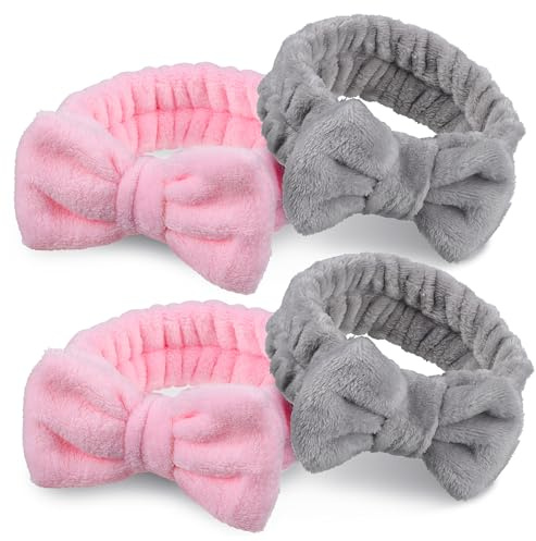 POPETPOP Lot de 4 Bandeaux de Spa en Polaire Corail Noeud, Élastiques et Unisexe, pour Bain et Sport, Empêchant Cheveux de Tomber Visage