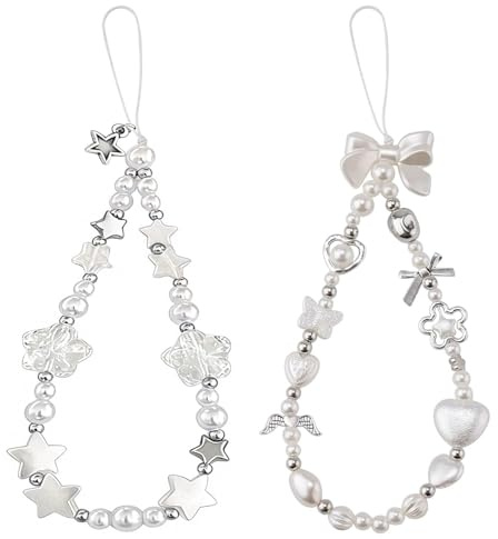 KNUIUYY Lot de 2 Bijoux Dragonne de Telephone, Chaine De Telephone Perles, Phone Charm Strap, Chaine Téléphone Portable, Phone Case Accessories, Dragonne de Téléphone Portable Perlée pour Femmes