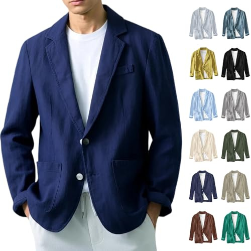 Chaqueta Lino Blazer Hombre Casual Americana Manga Larga Solapa Botones Bolsillos Color Sólido Holgado Talla Grande Ligero Transpirable Cómodo para Verano Uso Diario