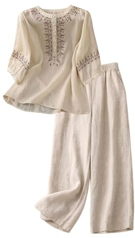 2-delat set dam linne bomull sommar och höst - broderad blus blommig v-ringad 3/4-ärm stretch breda byxor - bekväma fritidskläder för vuxna kvinnor, perfekt för hem, strand och promenader, Beige-3, XL