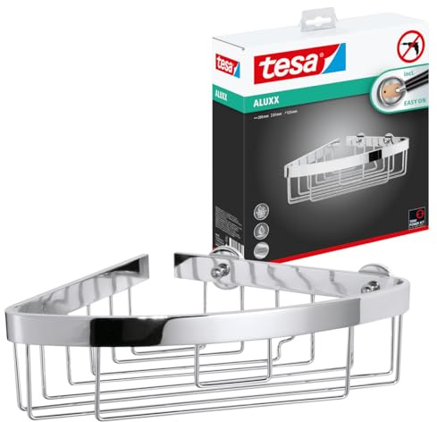 tesa Aluxx Étagère d'angle 2 paniers, finition brillante aluminium chromé, adhésif, technologie sans percer, 260mm x 163mm x 170mm