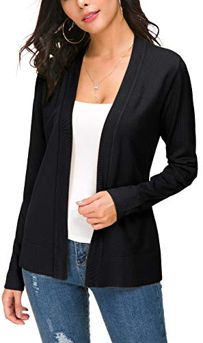 EXCHIC Femmes Manches Léger Manches Longues Devant Ouvert Tricoté Cardigan Gilets (M, Noir)