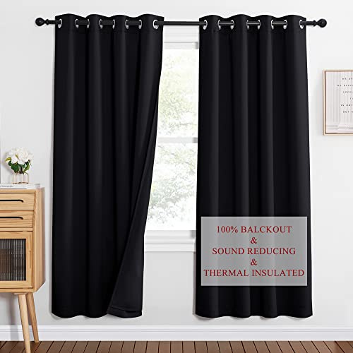 NICETOWN Warm Curtains for Winter, Noise, Light, and Thermal Insulation Blackout Curtains for Theater/Studio, Thick and Heavy-Duty Drapes for Necessary Privacy (52 Wide x 72 Long, Black, 2 PCs)