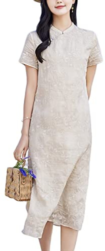 NFYM Cheongsam broderad kortärmad sidoslits smal passform Qipao bodycon pennklänning, Aprikos, XL