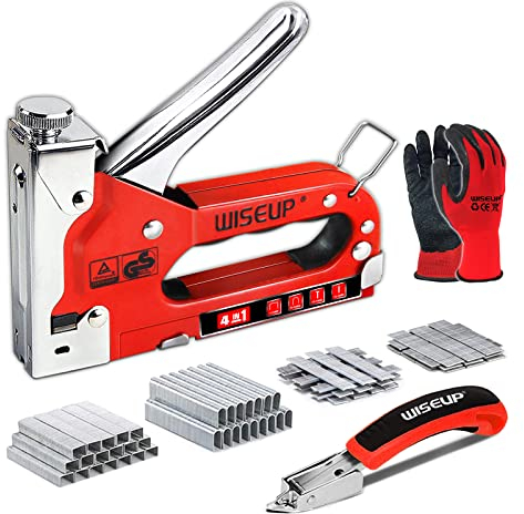 WISEUP 4 in 1 tacker für holz Set, handtacker mit klammern, TÜV-Zertifizierung handtacker, verchromtes Stahlmaterial tackerpistole, Einstellbarer Schusskraft möbeltacker, Stoßdämpfung holztacker