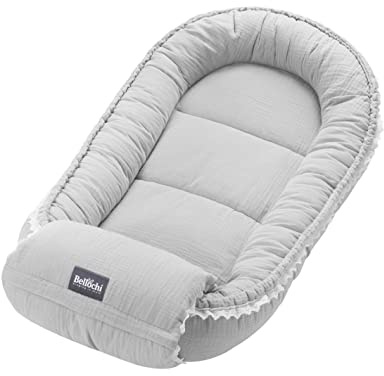 Bellochi Riduttore Lettino per Neonato Riduttore per Culla con Cuscino per Braccio - Mussola - Cuscino Riduttore Cocoon a Baby - Baby Nest - 90 x 60 cm - Cuddly Muslin Grey