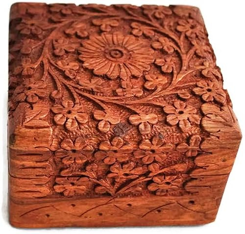 TOSQP27 Gift Jewelry Box Rosewood Hand-Carved Novelty Unique Trinket Case Jewellery – 4 Inch Wooden Travel Jewel Organizer Brass Inlay Velvet – Keepsake Birthday Aniversary Gifts for Women, Girls, Mom
