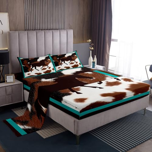 Feelyou Horse Bed Sheets Set Sheet Set Rustic Western Cowboy Cowhide Print Comforter Cover for Boys Girls Bedroom Decor Retro Farmhouse Horse Teal Blue Brown Bedding Set Twin Size with 1 Pillow Case