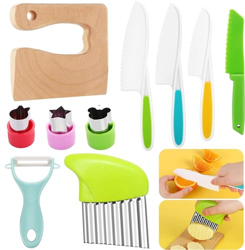Owyee 10 coltelli per bambini in legno, per verdure, in plastica, per bambini, per crincle, per sbucciare, per frutta, pane, verdura, 10 pezzi