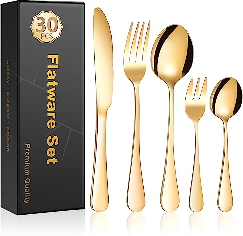 Cinnani Gold Besteck Set 6 Personen, 30 Teilig Edelstahl Besteckset, Essbesteck Set mit Messer Gabel Löffel, Goldenes Besteck für Haus Party Restaurant, Spülmaschinenfest