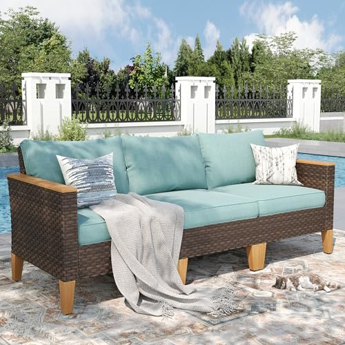 PHI VILLA Wicker Patio Furniture Sofa Set, 3 Seater Rattan Couch with Deep Seating for Poolside, Garden 2 x Single Sofa, Aqua Green
