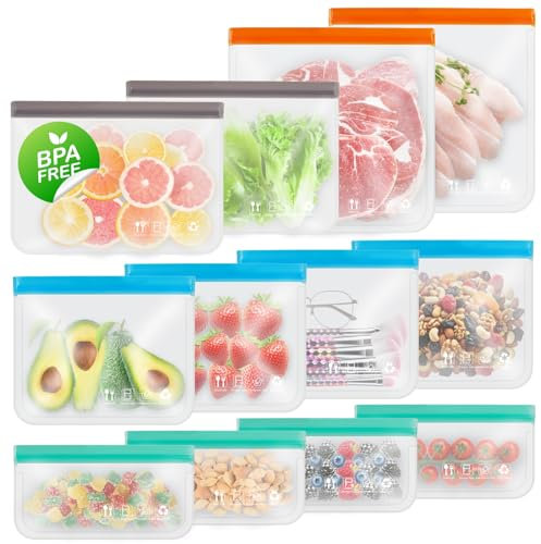 Reusable Freezer Bags, Extra-thick Leakproof Gallon Vegetable Snack Sandwich Bag, BPA Free Silicone Bags for Food Storage,Travel, Home Organization(12 Pack - 2 Extra Large,2 Large,4 Medium,4 Small)