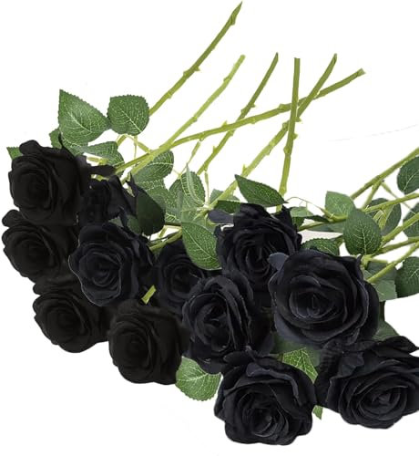 12pcs Black Artificial Roses, Fake Silk Rose Bouquet for DIY Living Room Garden Wedding Party Decoration, Real and Natural Looking Flowers