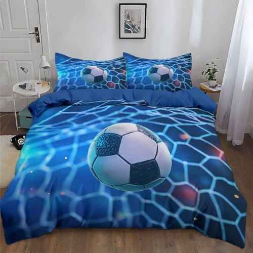 Generico Set Copripiumino per Bambini 150x200 cm Tema Calcio Blu Copripiumino Cotone Poliestere Chiusura con Cerniera, Set Biancheria da Letto Stampa, per Bambini Adulti