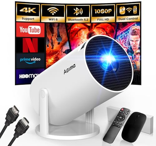 [App integrata] Mini Proiettore 1080P 4K Support Mini Proiettore Portatile, WiFi 6 BT5.2 180° Ruotabile Android TV Compatibile con HDMI/TV Stick/Memory Stick/Laptop, con Cavo HDMI & Mouse, Bianco