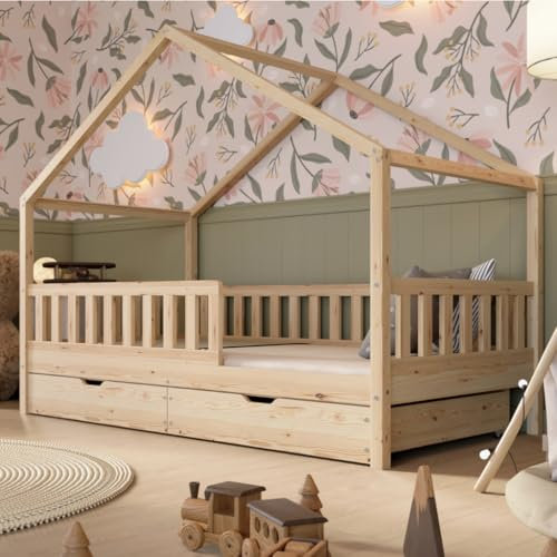 Crazy Pine Hausbett mit Schubladen 120x200 cm – Kinderbett aus Naturholz mit Rausfallschutz – Montessori Bodenbett mit zusätzlichen Stauraum und und Abnehmbarer Barriere - Crazy House