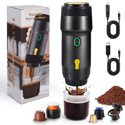 Nsyee 3-in-1 Portable Espresso Machine, Self-Heating, 12V Car Coffee Machine, Compatible with Big Capsules/Small Capsules/Ground Coffee, Electric Travel Coffee Maker, For Camping, RV, Office, Black
