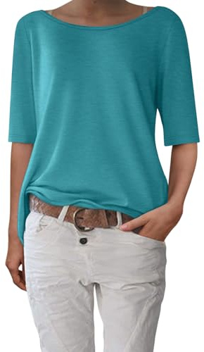 shownicer Tee Shirt Femme Manches Mi-Longues Col Bateau T-Shirt Ete Décontracté Haut Ample Basic Top A Turquoise M