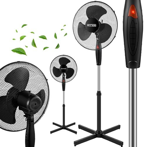 Echos® Standventilator Ø43cm kraftvoller Ventilator sehr leise energiesparend hoher Luftdurchsatz 3 Stufen Oszillationsfunktion 90° höhenverstellbar Bodenventilator mobiler Luftkühler Standlüfter