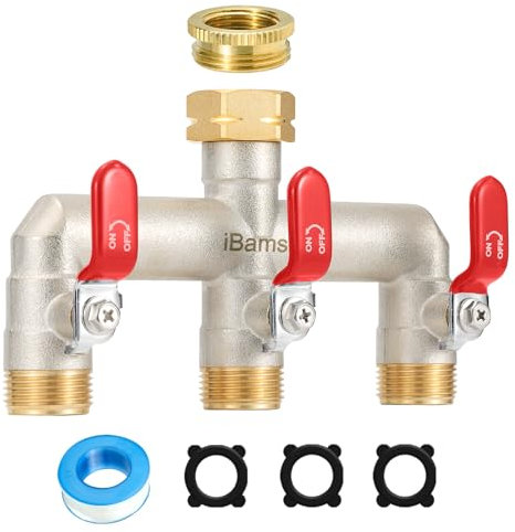 iBamso Brass Garden Hose Splitter, 3 Way High Flow Outdoor Faucet Splitter, 1/2 inch and 3/4 inch Tap Connector with On/Off Valves, Frost Resistant Full Flow Hose Adapter for Home Garden Outdoor - RED