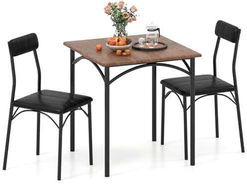 COSTWAY 3 Piece Dining Table Set, Breakfast Kitchen Table and Chairs with Padded Backrest & Seat, Metal Frame Counter Dining Room Set for Small Spaces