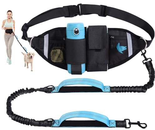 Hands Free Dog Leash, Waist Leash for Dog Walking, Running, Jogging, Waist Leashes with Adjustable Belt, Medium & Large Dogs Running Leashes Hands Free, Dual Padded Handles and Durable Bungee(Blue)
