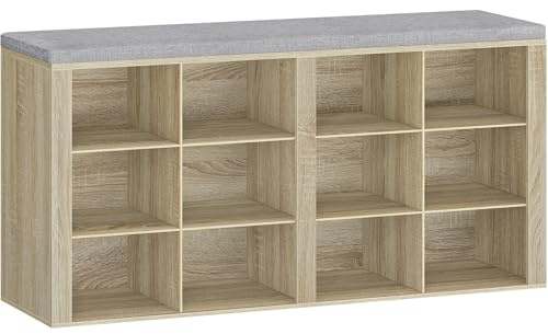 Hzuaneri Banco Zapatero, Mueble Zapatero con Acolchado, 12 Compartimentos, 30 x 104 x 49 cm, para Salón, Pasillo, Dormitorio, Roble SB19016GY