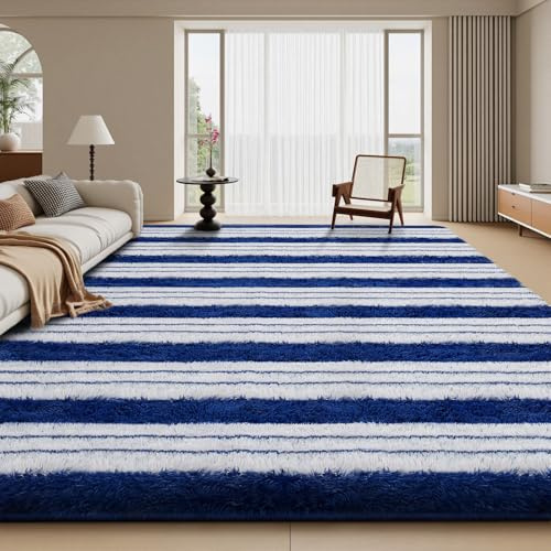 Sour Lemon Hochflor Teppich Streifen Blau and Weiß Teppich Wohnzimmer 160x230 Waschbar Anti-Rutsch Extra Große Teppiche Schlafzimmer Flauschige Moderne Teppiche Matte Teppichen für Kinderzimmer