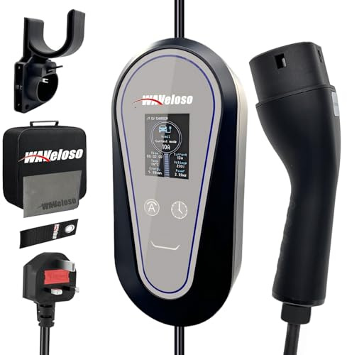 Waveloso EV Charger Cable Type 2 to 3 Pin Plug 5M/16.4ft,【6/8/10A】Adjustable Type 2 Charging Cable 3 pin EV Charger 2.4kW Electric Car Charger 10A IP65 With LCD Screen & Delay Timer