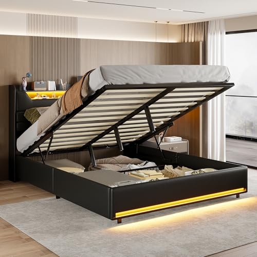 TIMORWTF Cama con almacenaje 140x190 con LED y Enchufe USB, Cama de matrimonio con almacenamiento hidráulico y cabecero acolchado, Cama para 2 personas con somier de láminas, Cuero PU Negro (sin
