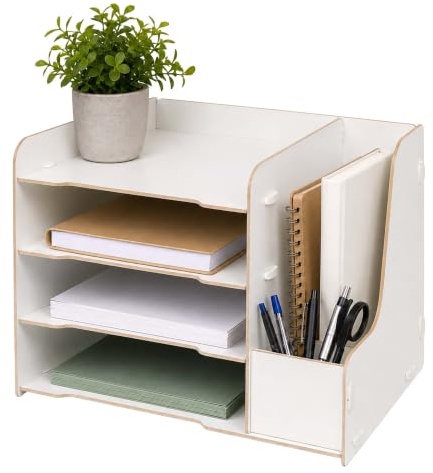 Relaxdays brevhållare, DIN A4, 4 fack, stående brevlåda, pennställ, vit | HxBxD: 23 x 31,5 x 29 cm, MDF, förvaringsfack