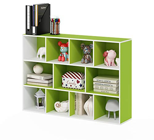 Furinno LUDER Book Shelf, 11-Cube Bookshelf, Reversible Bookcase, 9.4 x 29.1 x 41.7, for Living Room, Bedroom, Home Office, White/Green