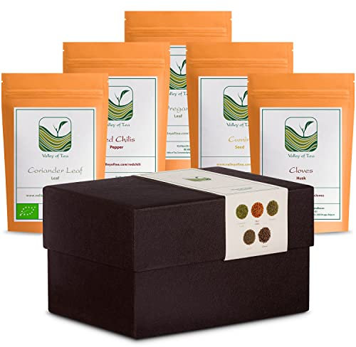 Selección de auténticas especias mexicanas orgánicas - Cilantro en hojas, guindilla picada, orégano, comino, clavo