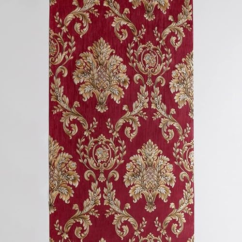 9.5X0.53M 5 Colors Luxury Gold Damask Waterproof Embossed Textured PVC Wallpaper Murals Roll for Bedroom Livingroom 1.73' W x 31.2' L=5.035㎡ (54sq.ft) (Burgundy)