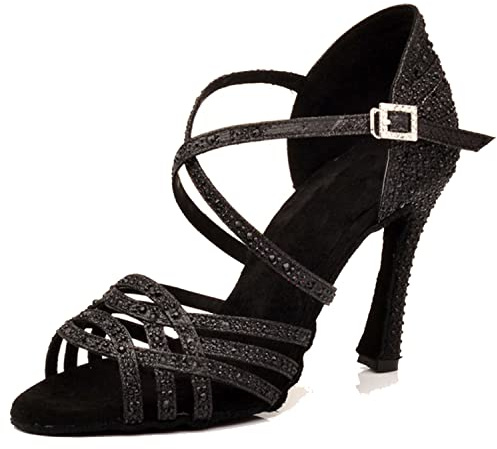 LITNERMIA Donne Peep Toe Borchiati Strass Festa di Nozze Sandali Tango Latino Scarpe da Ballo,B Nero Glitterato 10cm Tacco,36 EU