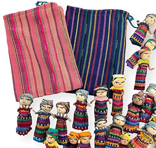 Lot de 20 poupées guatémaltèques faites à la main avec 2 sacs de rangement colorés | Poupées de soucis pour filles | Poupées de soucis pour garçons