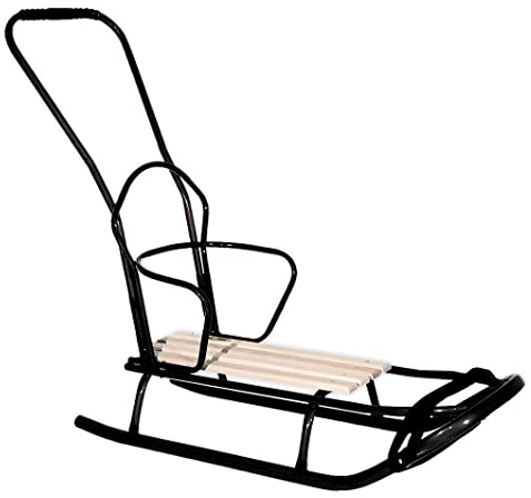 GagaDumi Oslo Schlitten aus Metall mit Rücklehne mit Sicherheitsgurte Schubbügel und Fußsack Babyschlitten Rodel Ideal für Kinder und Erwachsene Belastung bis 120 kg ohne Fußsack