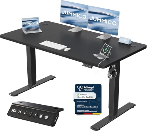 JUMMICO Höhenverstellbarer Schreibtisch mit USB-Ladeanschluss 140 x 60 cm, Schreibtisch Höhenverstellbar Elektrisch, Steh-Sitz Tisch Stehpult Verstellbarer Computertisch,Standing Desk,Schwarz