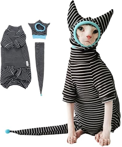 SNIXfever Sphynx kattkläder svart rand andningsbara skjortor kostym, husdjurshatt och skjorta set, Vitt, M