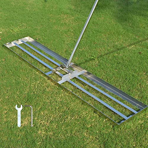 SurmountWay Rasen Rakel Edelstahl 110x25 cm Rakel Rasen nivellierrechen mit 2.15 Meter Verstellbarer Stiel für Hof Garten, Golfplatz,Rasenpflege,Rasen Sanden(2.15m, 25x110cm)