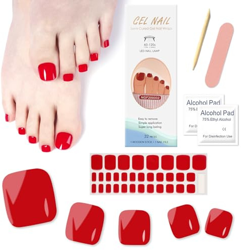 32PCS Autocollants de Vernis à Ongles d'Orteil Semi-durci, Couleur Unie Autocollants Ongles Pieds Couverture Complète Sticker Ongle Auto-adhésif, Bandes d'Ongle d'Orteil Manucure Décoration (Rouge)