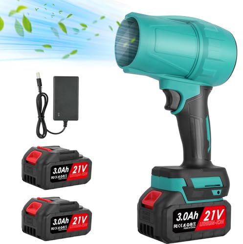 Souffleur de Feuilles sans Fil 21V, 130Km/h Mini Souffleur à Feuilles avec Turbocompresseur, 2 Batteries 3000 mAh, pour Le soufflage de la Neige, Le dépoussiérage et L'Entretien u Jardin
