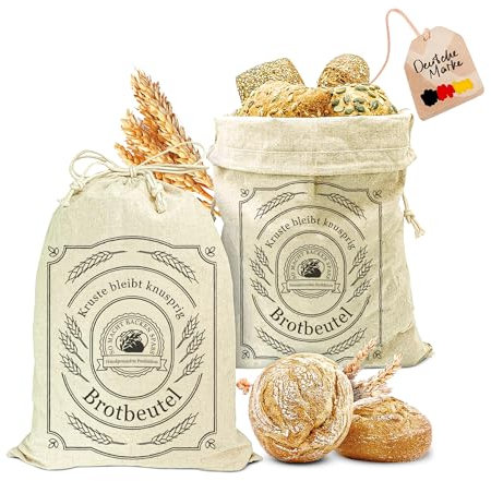 AH® Leinen Brotbeutel stoff 2er Set 30x40cm – Brötchenbeutel, Brottasche mit Kordelzug – Wiederverwendbar & Ungebleicht – Zur Brotaufbewahrung & Frischhalten