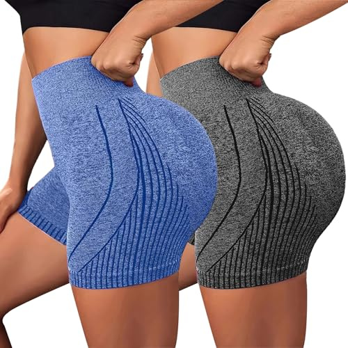 UoQo 2Pairs Gym Shorts for Women High Waisted Booty Shorts Tummy Control Hip Lifting Short Pants for Yoga Running Sports Workout (UK, Alpha, M, Regular, Regular, Blue+Grey)