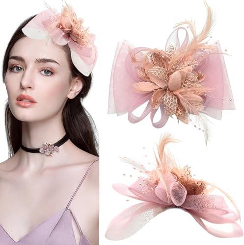 KASESSS Rosa Fascinator Cerimonia Donna Fiori Tulle Piuma Sintetica Fascinator Eleganza Cappelli Cerimonia Retrò Accessori Per Capelli Da Cerimonia Per Feste, Cocktail, Matrimoni Clip Accessoires