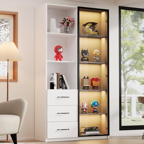 Merax Vitrina LED de 80 x 40 x 160 cm, estantería con puerta de cristal templado, 3 cajones y 3 compartimentos abiertos, marco de aluminio, LED multicolor, armario de cocina, color blanco