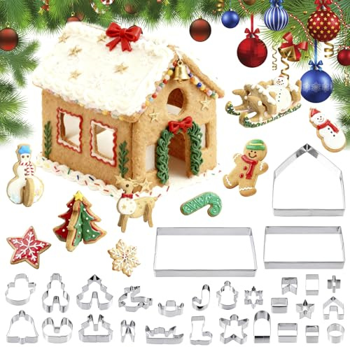 Ideal Swan 28Pcs Christmas Cookie Cutters Stainless Steel Cookie Cutter Set | Christmas Biscuit Cutters, Gingerbread Snowman Xmas Tree Reindeer Snowflake Shape, Ginger Bread House Baking Accessories