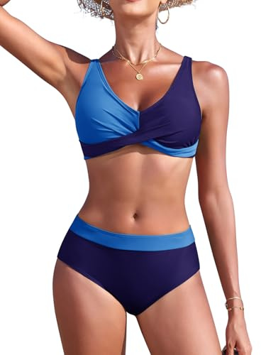 Nadeer Bikini för kvinnor, hög midja, tvådelad baddräkt, elegant, crossover bustier, badmode, v-ringad, push-up, baddräkt, Koboltblå/marinblå, M
