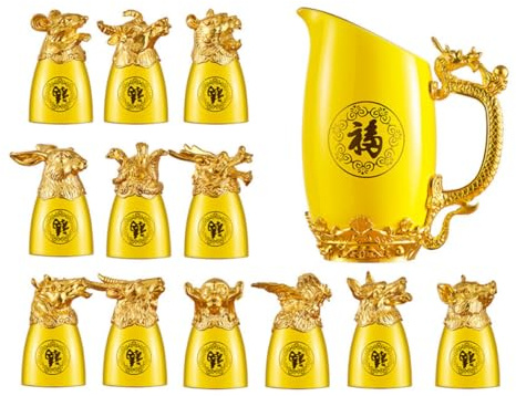 Lurrose Juego de Copas de Licor del Zodíaco Chino de Cerámica Amarilla Chapada en Oro, Set de 1 Dispensador de Vino Claro para Hogar, Bares y Cenas Obsequios